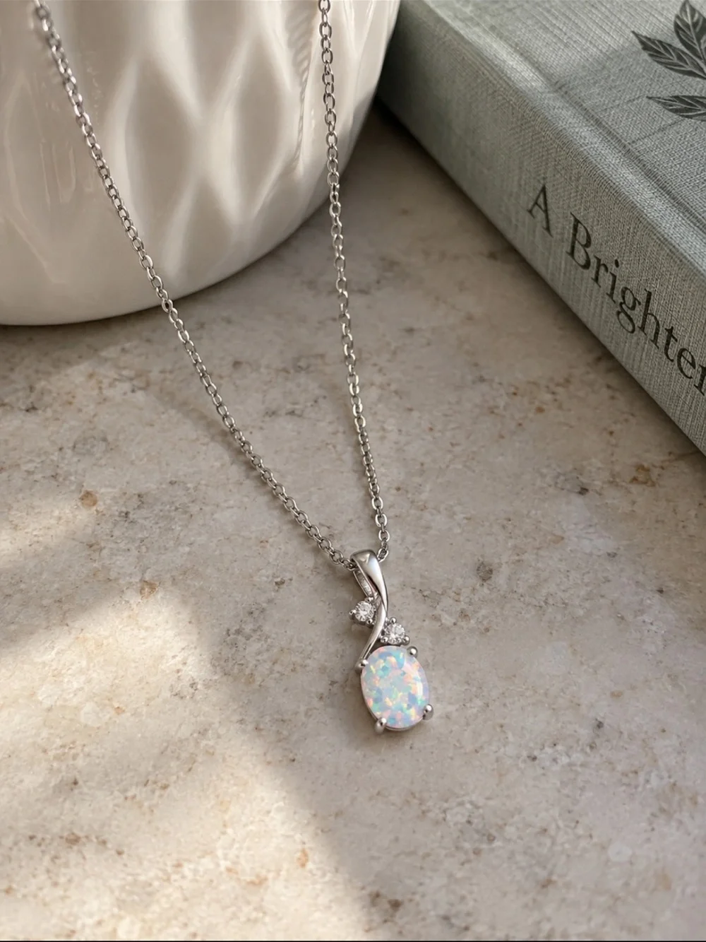 White Opal Solitaire Pendant Necklace Silver Oval 8MM October Birthstone 16-18”
